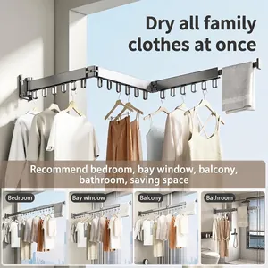 Wall-mounted dark grey folding laundry drying rack with telescopic aluminum design