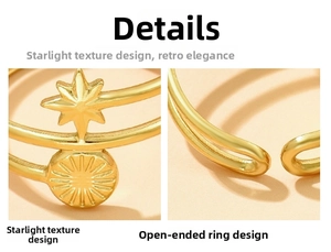 Detailed macro view of adjustable gold starburst texture and eight-pointed star ring
