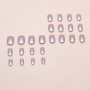 Pink to silver gradient press on nails with glitter finish, 24 pieces short square set