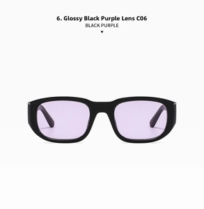 Detailed view of square black frames with purple tinted lenses and C06 color code