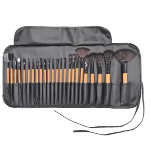 Professional 24pcs wood handle makeup brush set with black leather roll-up travel case