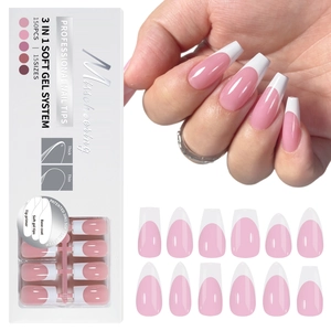 French tip press-on nails set with pink base and soft gel system packaging display
