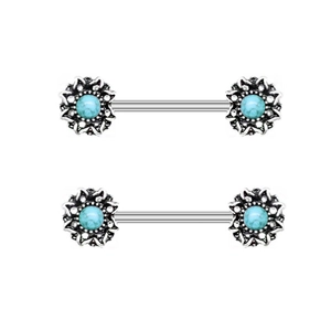 Detailed macro view of four stainless steel nipple bars with sky blue turquoise sunbursts