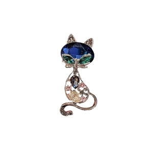 Exquisite rose gold cat brooch with deep blue crystal head and colorful rhinestones