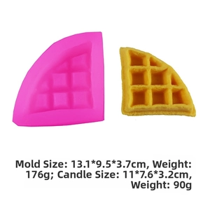 Detail view of pink silicone waffle mold and yellow candle with precise dimensions