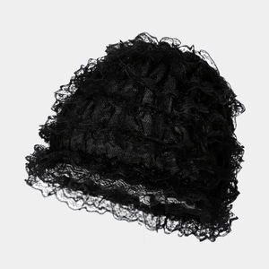 Elegant black layered lace headscarf with breathable mesh and ruffle pleated details