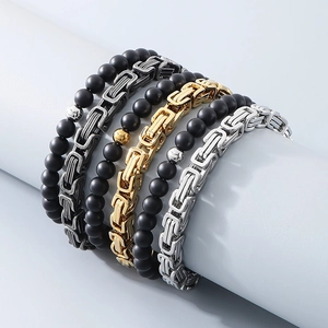 Retro multi-layered punk bracelet set with black onyx beads and titanium Byzantine chains