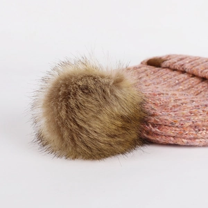 Fleece-lined knit hat with multi-color pom pom, warm winter headwear with ear protection