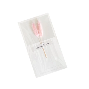 Transparent gift bag with pink dried flowers and Especially for you printed text
