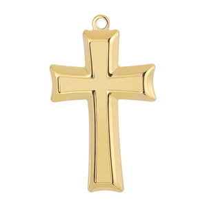 Pendentif croix en acier inoxydable doré poli avec anneau de connexion sur fond blanc
