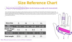 Size guide for windproof cycling gloves including palm width and middle finger length