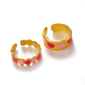 Set di anelli a cuore dorati con smalto rosa, design aperto minimalista placcato in oro 18K