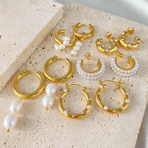 Collezione di orecchini a cerchio in acciaio inossidabile 18K con perle e cristalli