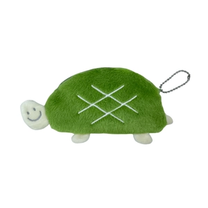 Green plush sea turtle coin purse with white stitching and silver keychain attachment