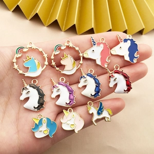 Set of colorful enamel unicorn pendants for DIY necklaces and jewelry making