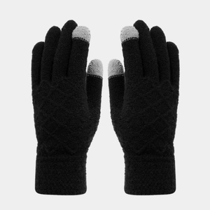 Detail von schwarzen Strickhandschuhen mit grauen Touchscreen-Spitzen für Smartphones