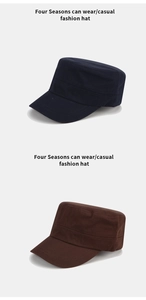 Detailed view of casual navy and brown flat top military hats in durable cotton fabric