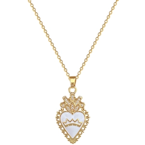 Luxurious gold crown heart pendant necklace with zircon crystals and shell inlay on white