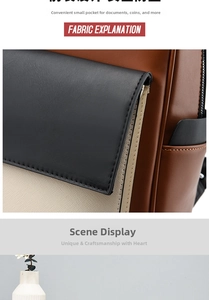 Detail view of the front pocket on a three-color patchwork leather backpack for women