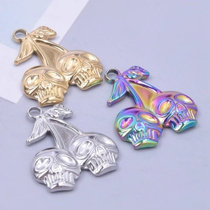 Three skull cherry charms in gold silver and rainbow finishes for DIY jewelry making