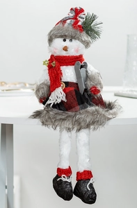 Detail of Nordic Christmas snowman plush with red plaid dress and striped knit hat