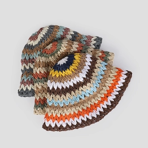 Foldable handmade crochet bucket hats with colorful zigzag stripe patterns for women