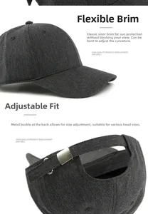 Detail of adjustable metal buckle and curved brim on dark grey baseball cap