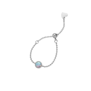Adjustable silver bead chain ring with fire opal stone and heart charm pendant