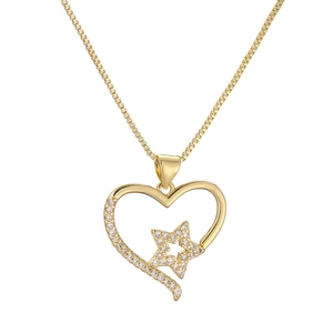 Golden heart necklace with star pendant and micro-set zircon stones on fine chain