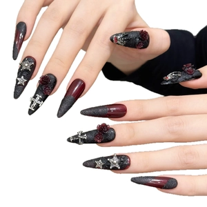 Gothic stiletto press-on nails with dark red rose reliefs and metal cross charms