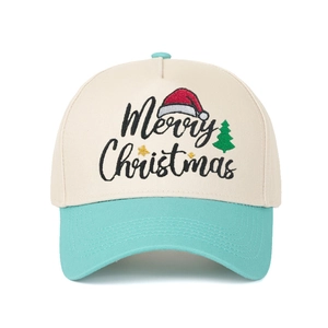 Detail of Merry Christmas embroidery with festive icons on a two-tone baseball cap
