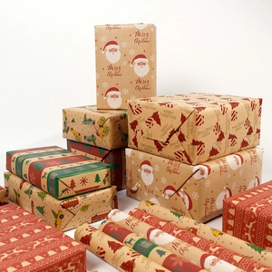 3M Christmas Kraft wrapping paper roll featuring Santa, reindeer, and tree patterns