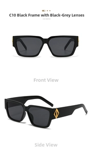 Close-up of black square sunglasses with decorative gold diamond hardware on the temple