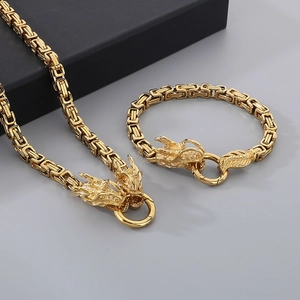 Detailed view of 6mm golden stainless steel dragon head chain necklace and bracelet set