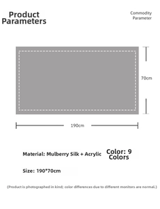 Size chart showing 190x70cm dimensions for silk and wool blend shawls in nine colors