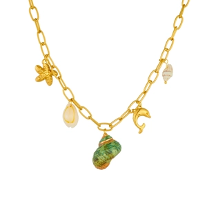 Gold-plated chunky chain necklace featuring green conch, starfish, and seashell pendants