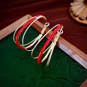 French vintage style multilayer oval geometric earrings in red and gold finish