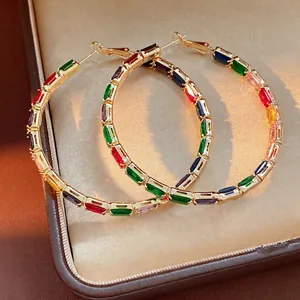 Luxurious gold hoop earrings with multi-colored rectangular zircon stones inlay