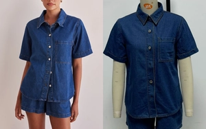 Detail showing high-quality denim texture and metal buttons on navy blue shirt set