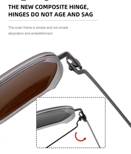 Detail of durable composite hinges on polarized sunglasses with gray frames