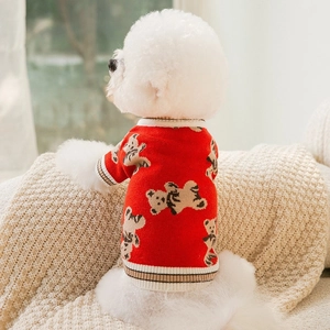 Red festive pet knit sweater with cute bear pattern for small dogs and cats