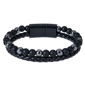 Detail of men's double-layer leather rope bracelet with matte beads and magnetic clasp