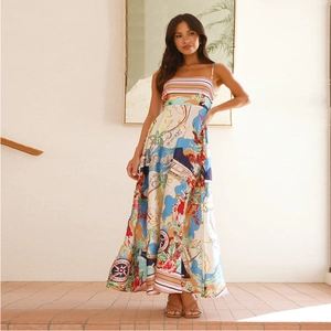 Detail shot of bohemian spaghetti strap maxi dress with tropical map print patterns