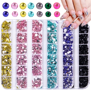 12-grid box of colorful flatback acrylic rhinestones for nail art and DIY decoration