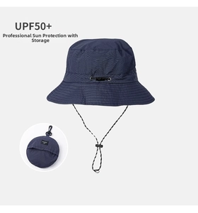 UPF 50+ waterproof bucket hat for hiking with adjustable chin strap and packable design