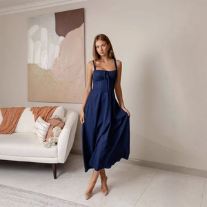 Fashionable navy blue backless denim sundress with tie-front square neck and high waist line