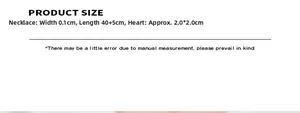 Detailed size chart showing 40+5cm chain length and 2.0x2.0cm heart pendant specifications