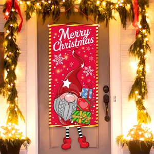 Outdoor Christmas gnome door banners with Merry Christmas text for porch holiday decoration