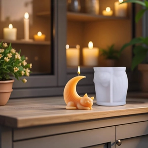 DIY cat moon aromatherapy candle and white silicone mold on a cozy wooden table