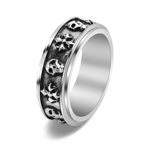 Vintage punk skull and cross rotatable ring for men in retro silver finish titanium steel